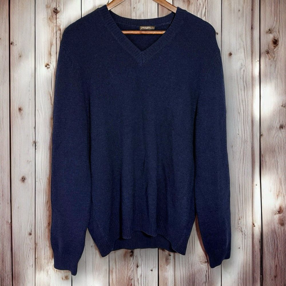 J McLaughlin Wool Sweater Men's Large V Neck Base Layer Basic Navy Blue